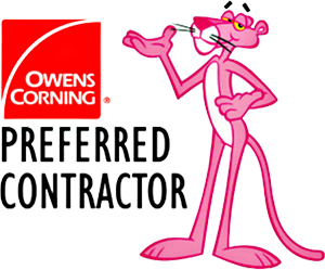 Owens Corning Preferred Contractor logo with Pink Panther mascot, Renegade Roofing & Restoration certification